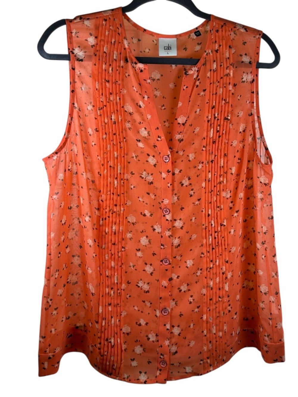 Cabi Pintuck Blouse Large 5350 Sheer Floral Button Front Coral Geranium EUC